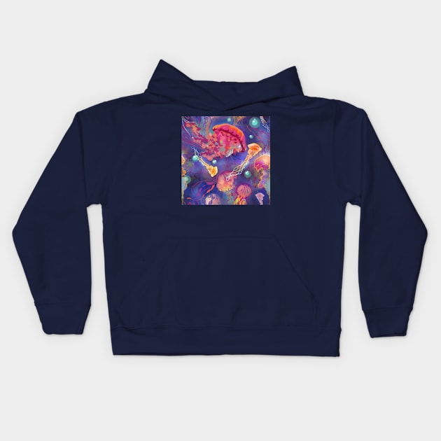 Jellyfish in deep blue water with bright rainbow colors undersea pattern Kids Hoodie by sandpaperdaisy